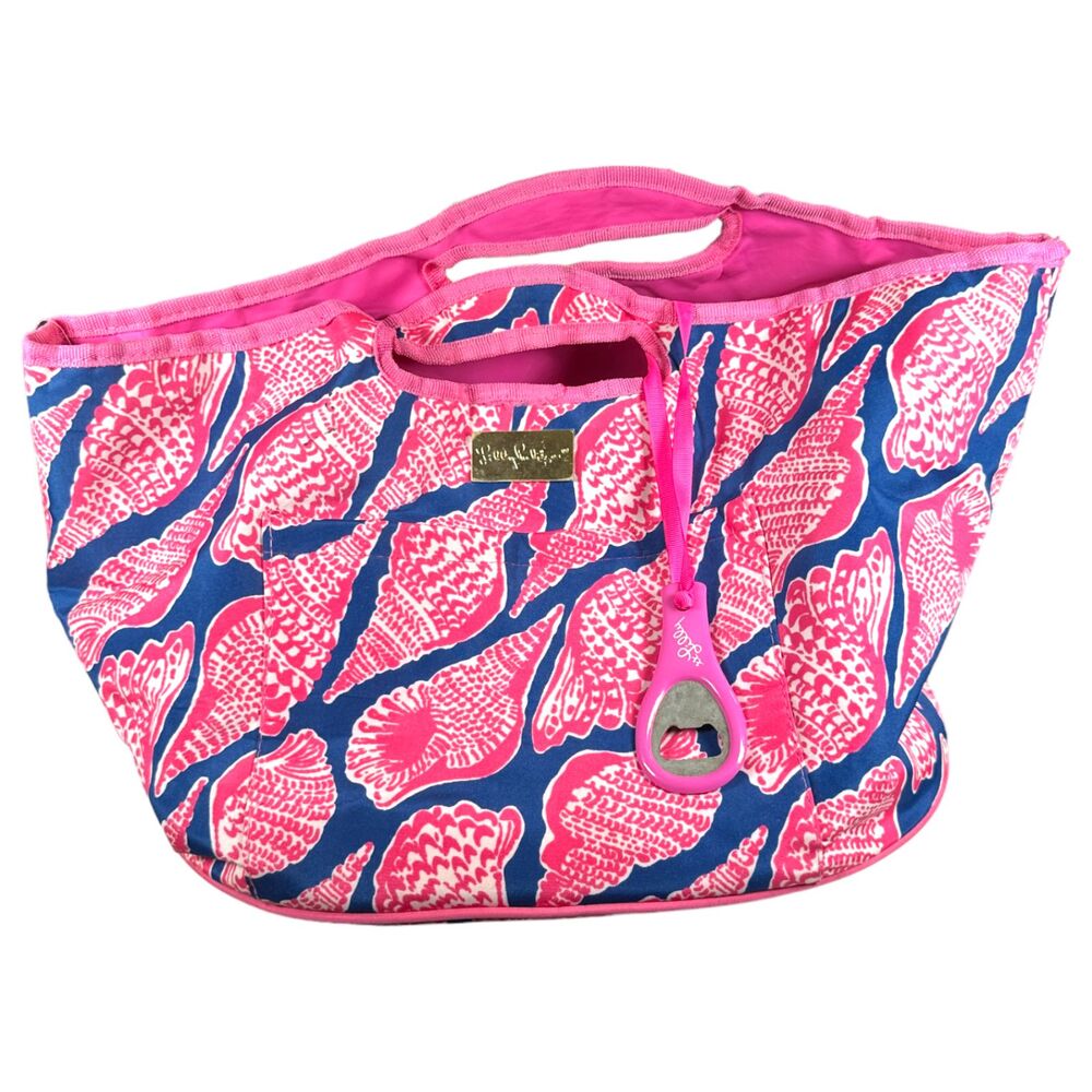Lilly Pulitzer Blue Pink Shell Insulated Tote Beach Bag with Bottle Opener